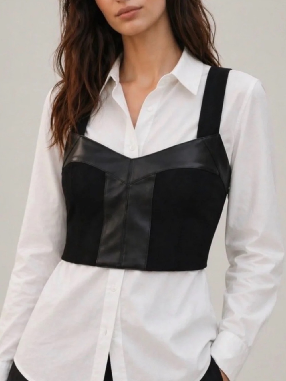 CAbi Black Faux-Leather Trim Crop Top
